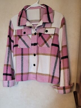 Womens Pink Plaid Button-Up Shacket